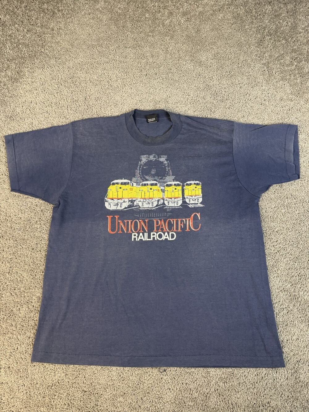 Vintage Union Pacific Railroad Shirt Mens 2XL Blue Graphic Crew Neck 90s